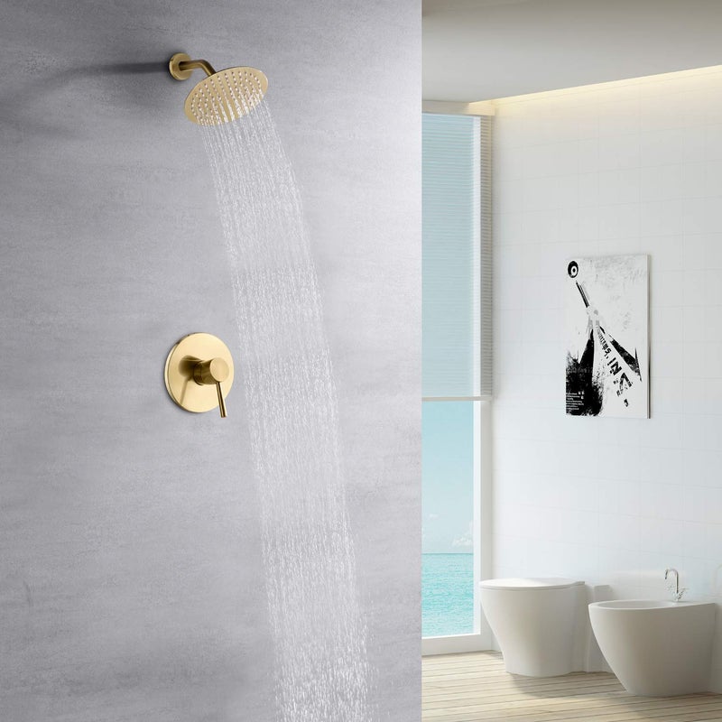 sumerain Brushed Gold Shower Faucet Set with 8 Inches Stainless Steel Rain Shower Head, Solid Brass Rough In Valve - Image 3